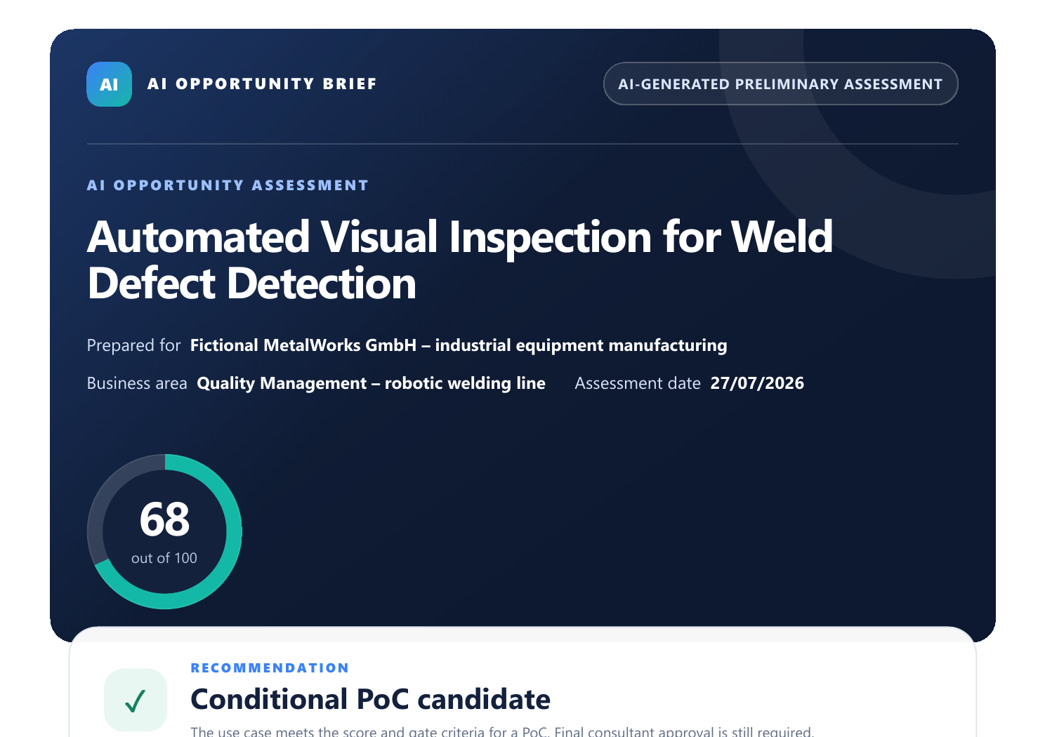 Assessment summary with score and recommendation